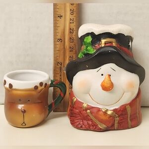 Ceramic Mini Reindeer Mug Cup & Snowman Christmas Decorations Bundle of 2